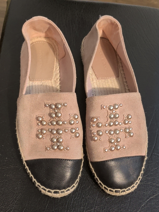 Tory Burch Shoes - TORY BURCH blush pink suede espadrilles with pearl logo - size 8.5